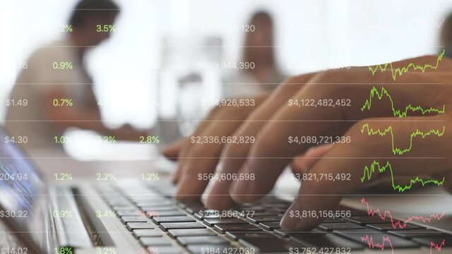Typing hands on laptop keyboard , moving on the screen crypto currency board news 