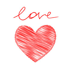 Outline vector illustration of One beautiful bright scribble red heart isolated on a white background with lettering Love