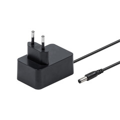 Black AC power adapter with EU plug isolated on white