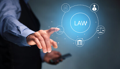 man holding phone with LAW icon