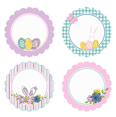 Round templates for Easter cards, banners with spring flowers, hares and painted eggs. Vector illustration