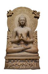 The Buddha statue preaching his the first sermon on white background