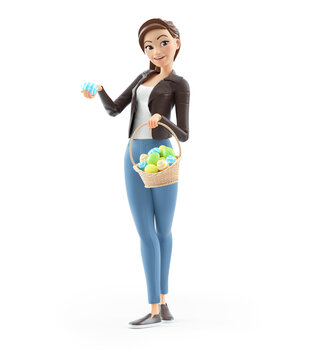 3d cartoon woman holding easter basket filled with eggs