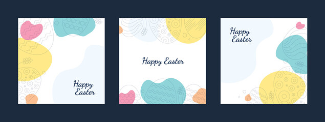 Easter eggs on original colored shapes and text Happy Easter