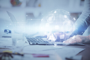 Double exposure of woman hands typing on computer and social network theme hologram drawing. People media concept.