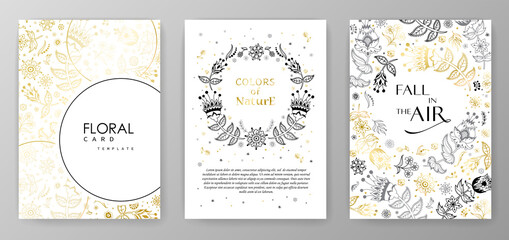 Gold color invitation with floral branches. Autumn cards templates for save the date, wedding invites, greeting cards	