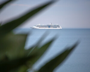 Naklejka premium Empty Ferry at Bournemouth Beach behind palm tree