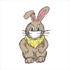 Simple vector grunge doodle of cartoon brown rabbit wearing protective face mask. Easter bunny clipart. Holiday concept during coronavirus pandemic