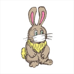 Cartoon funny rabbit character wearing medical protective face mask isolated on white background. Easter bunny clipart. Holiday concept during COVID epidemic