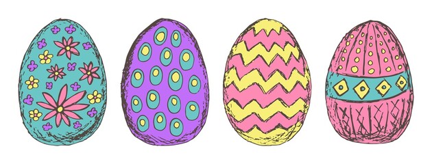 Four bright painted Easter eggs isolated on white background. Collection of grunge hand-drawn doodles