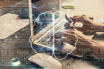 Multi exposure of woman hands working on computer and brain hologram drawing. Ai concept.