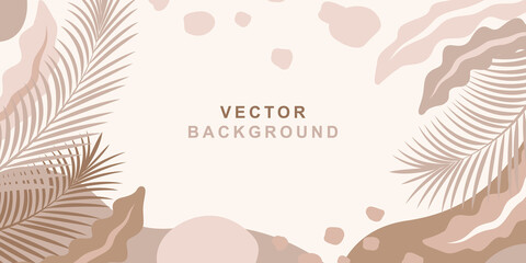 Vector horizontal template in simple trendy flat style with place for text. Background,frame with abstract coloured shapes and leaves  for greeting cards, banners and wallpapers  social media stories.