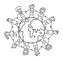World kids cartoon stick figure blac line drawing