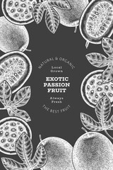 Hand drawn sketch style passion fruit banner. Organic fresh fruit vector illustration on chalk board. Retro exotic maracuya design template