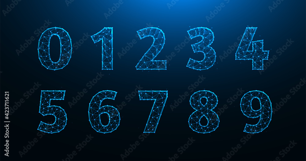 Wall mural polygonal vector illustration of numbers from zero to nine. a set of numbers made from lines and dot