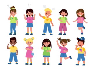 Kids emotions. International children in different moods, teens joy and anger, bored and surprised, chagrin expressions, poses in happiness and upsets. Vector cartoon set