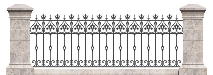 Classic iron fence with stone pillars. Wrought iron fence. Urban design. Decor. Vintage. Luxury modern architecture. Palace. City. Street. Park. Blacksmithing. 3D rendering. Isolated.	
