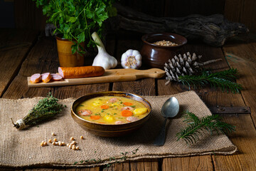 Classic pea soup with sausage and meat