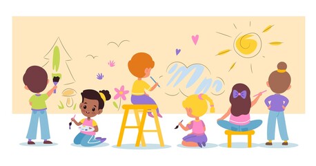 Fototapeta premium Children art. Funny cartoon kids draw doodles on large horizontal paper sheet, young artists with paints crayons and pencils drawing on wall. Cute boys and girls exhibition vector concept