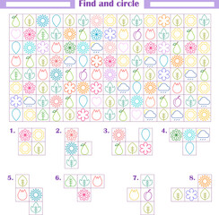   
Logic game for children. Development of attention, thinking. Find and circle the fragments shown below