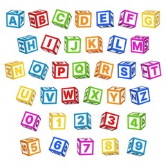 Letter blocks font. 3d children toys english alphabet, baby cubes different angles, bright color letters and numbers, cartoon multicolor typeface, kids educational items vector isolated set