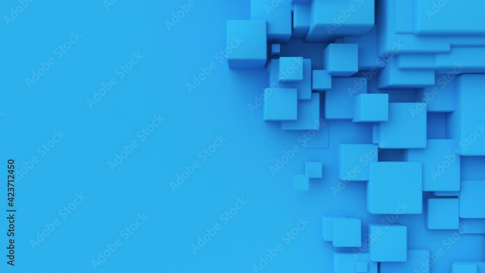 Aufkleber Blue cubes with random size move and grow loop. A place for text on the left. Abstract 3d render geometrical concept background.