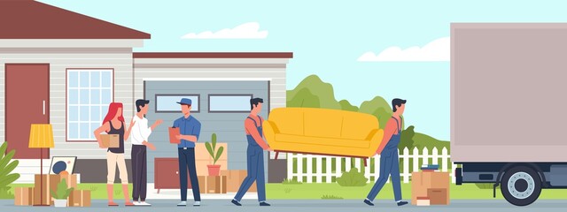 Cargo company. Moving home, men carry sofa to truck, family near house talking delivery service manager, transportation boxes with things in van. People relocation vector cartoon concept