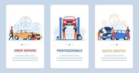 Car repair shop. Auto service app, technical maintenance vehicles collection, professionals eliminate problems, mechanics and engineers change automobile details and wheels. Vector banners