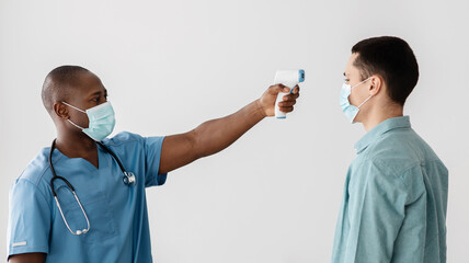 Health care, immunization and vaccinations population in clinic at covid-19 pandemic, visitor must...