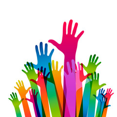 Hands on a light background. Colorful silhouettes arms.  Vector team, help, friendship symbol illustration.