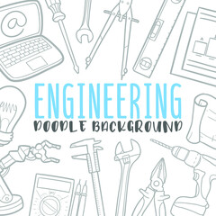 Engineering Doodle Banner Icon. Technology Vector Illustration Hand Drawn Art. Line Symbols Sketch Background.