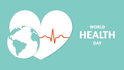 World health day, globe heart and cardiogram, banner in cut paper style. Vector stock illustration. 