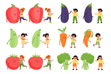 Kids with vegetables. Small children and big tomatoes, eggplants and broccoli, happy and unhappy boys and girls with carrot and pepper, healthy food. Vegetarian meal vector isolated set