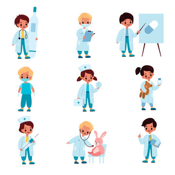Children doctors. Kids with medical dress and tools, hospital role-playing game, toy patients at reception of therapists. Girsl and boys hold thermometer and pills vector cartoon set