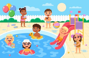 Pool party kids. Children play and swim in water park, happy boys and girls in swimsuits race down waterslide, drink juice and eat ice cream, summer sea vacation vector cartoon concept