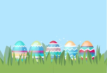 Foto op Canvas Festive greeting card with eggs and spring grass. Easter floral template for your design. © Anna Tyukhmeneva