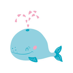 Cute funny whale and pink hearts. Vector illustration, isolated on a white background. Scandinavian style flat design. Concept for children print.