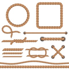 Rope brown set. Marine cord ropes realistic collection, jute or hemp cordage frames and borders, round twine loop and knot, curve and straight lasso decorative elements vector 3d vintage set - obrazy, fototapety, plakaty