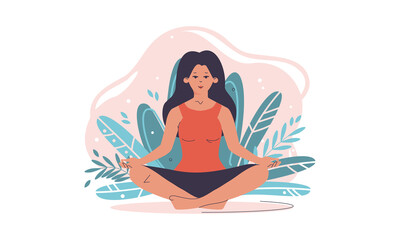 Yoga illustration with happy woman meditating on nature among the leaves. Concept of yoga, meditation, relax, recreation, healthy lifestyle. Vector illustration in flat cartoon style
