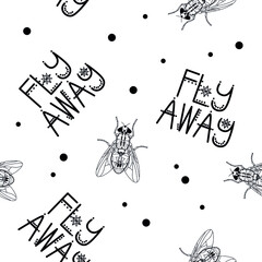 Black and white seamless pattern Fly Away, lettering, dots and fly
