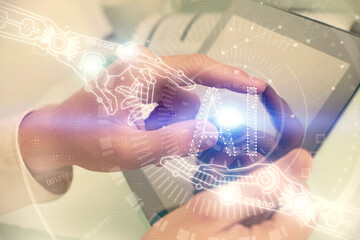 Multi exposure of man's hand holding and using a digital device and data theme drawing. Innovation concept.