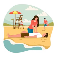 Beach lifeguards. Emergency assistance drowning situation, woman do indirect heart massage to man, ambulance service on seaside. Reanimation and resuscitation on vacation vector cartoon concept