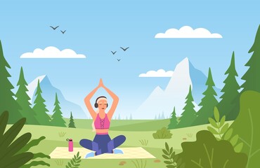 Obraz na płótnie Canvas Yoga in nature. Athletic slim female character in sport uniform doing meditation, young woman sitting in lotus position in park, fitness and gymnastics outdoors vector cartoon concept