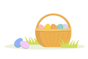 vector illustration isolated on white background basket with colored Easter eggs
