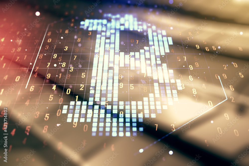 Poster double exposure of creative bitcoin symbol hologram on shiny metal background. mining and blockchain