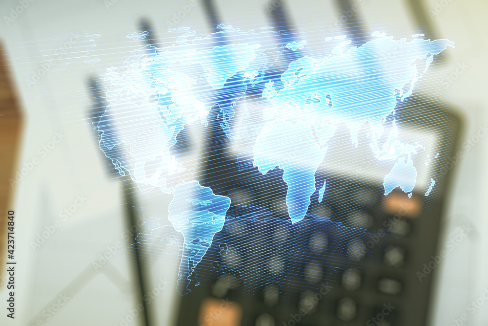 Poster multi exposure of abstract graphic world map on blurry calculator and papers background, big data an