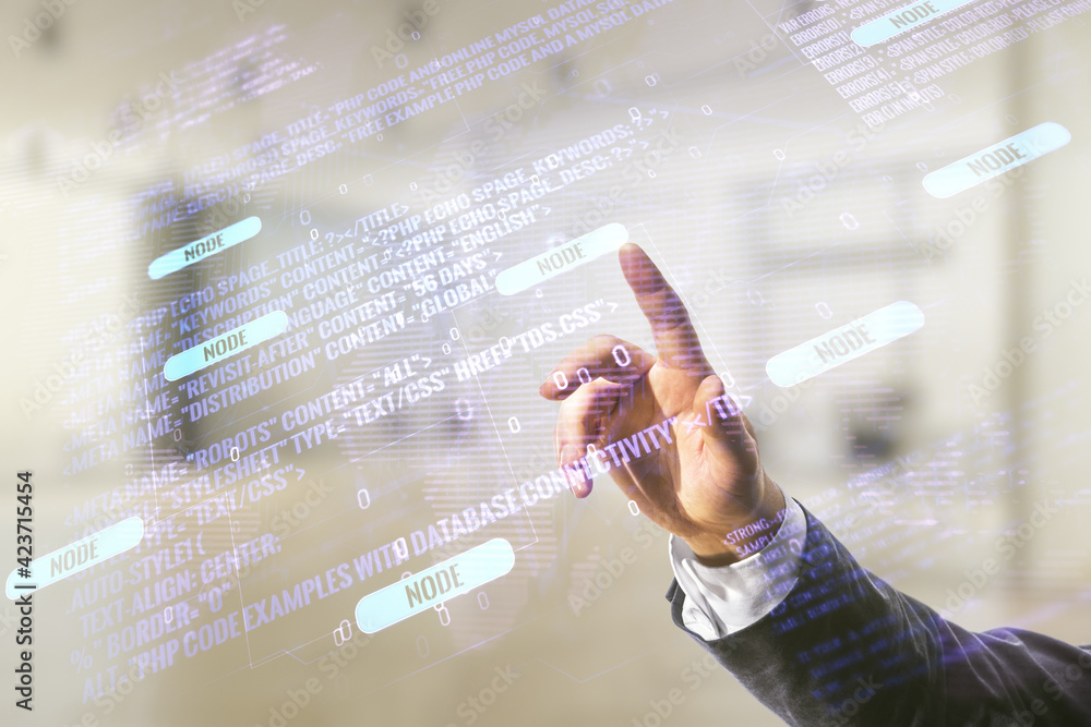 Poster man hand working with abstract virtual coding concept and world map on blurred office background. mu