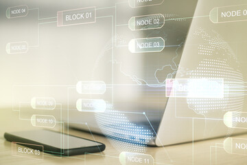 Double exposure of abstract programming language with world map on laptop background, research and...