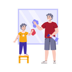 Father and son busy to housework, cartoon characters clean glass window in home.