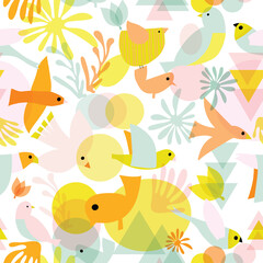 Cute birds seamless vector pattern. Abstract bird shapes collage repeating background pastel colors on white. Cute modern children design for fabric, kids wear, fashion, wallpaper, spring decor.